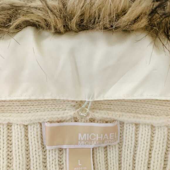 Designer Ribbed Knit Cardigan w/ Detachable Faux Fur Collar & Belt Sz L - Picture 2 of 12